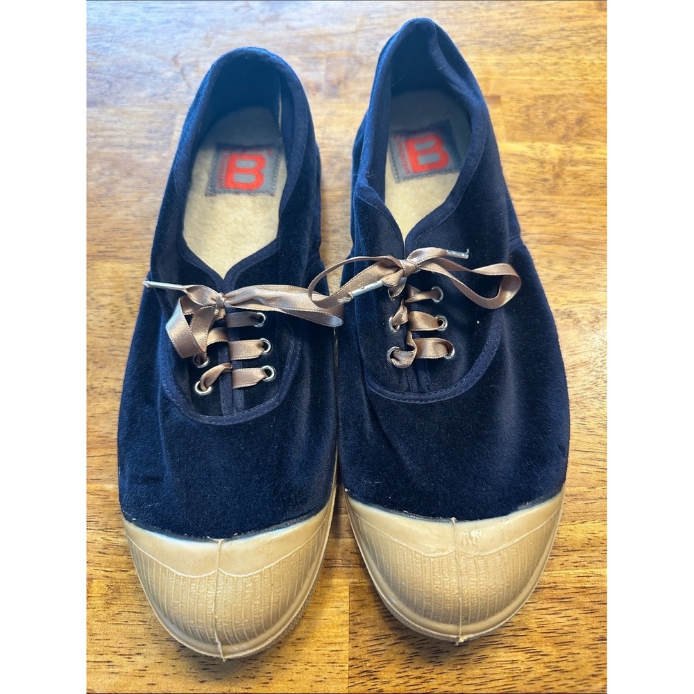 Bensimon Navy Velvet Sneakers with Tan Rubber Toecap